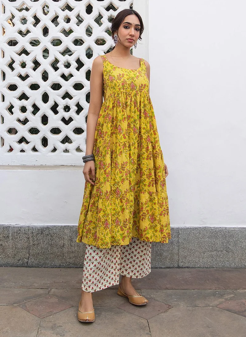 ZERESOUQ Mustard Cotton Floral Gathered Kurta Set